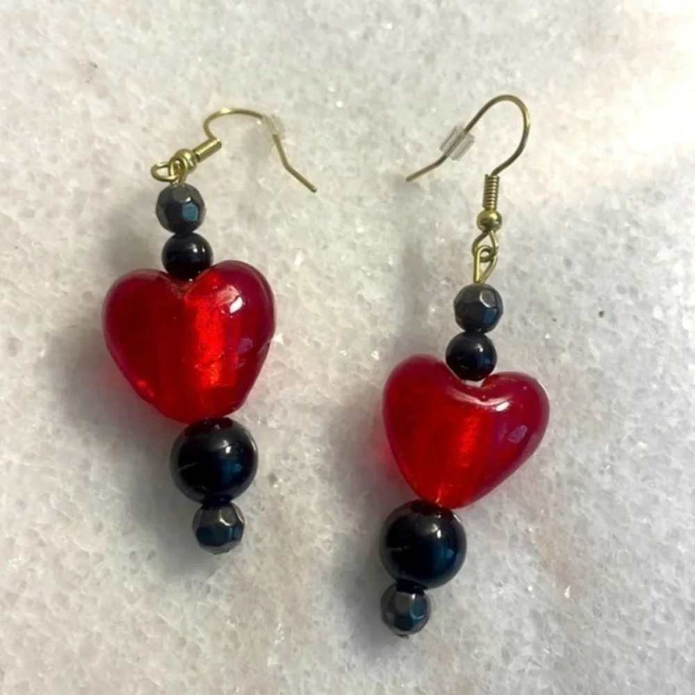 Unbranded Heart earrings Red drop heart Black beads woman’s jewelry New medium